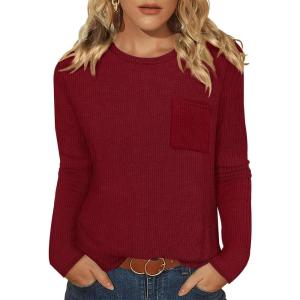 image:imageWIHOLL Long Sleeve Shirts for Women Waffle Knit Trendy Spring Fashion 2026 Dressy Casual Blouses Teacher OutfitsRed