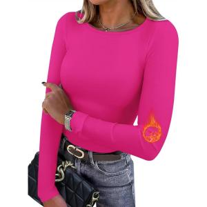 image:imageWIHOLL Long Sleeve Thermal Shirt for Women Light Fleece Tops Spring 2026 Crew Neck Casual Basic TShirtsDhot Pink
