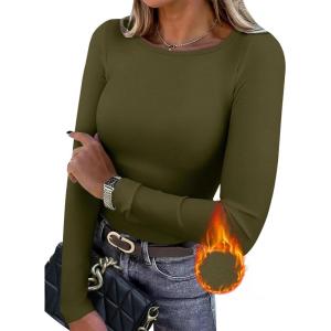 image:imageWIHOLL Long Sleeve Thermal Shirt for Women Light Fleece Tops Spring 2026 Crew Neck Casual Basic TShirtsEarmy Green