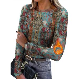 image:imageWIHOLL Long Sleeve Thermal Shirt for Women Light Fleece Tops Spring 2026 Crew Neck Casual Basic TShirtsPrint 03