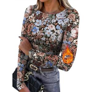 image:imageWIHOLL Long Sleeve Thermal Shirt for Women Light Fleece Tops Spring 2026 Crew Neck Casual Basic TShirtsPrint 05