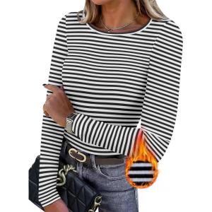 image:imageWIHOLL Long Sleeve Thermal Shirt for Women Light Fleece Tops Spring 2026 Crew Neck Casual Basic TShirtsStripe Black