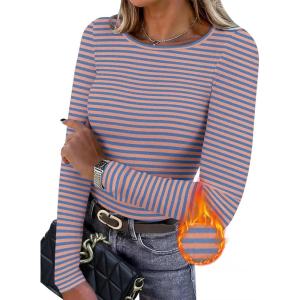 image:imageWIHOLL Long Sleeve Thermal Shirt for Women Light Fleece Tops Spring 2026 Crew Neck Casual Basic TShirtsStripe Blue