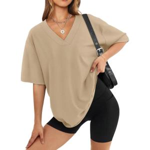 image:imageWIHOLL Oversized Tshirts for Women 2026 Summer Tops Short Sleeve V Neck Shirts Basic TeeApricot