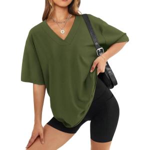 image:imageWIHOLL Oversized Tshirts for Women 2026 Summer Tops Short Sleeve V Neck Shirts Basic TeeArmy Green