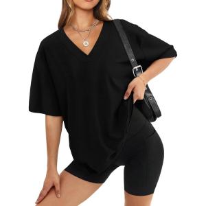 image:imageWIHOLL Oversized Tshirts for Women 2026 Summer Tops Short Sleeve V Neck Shirts Basic TeeBlack