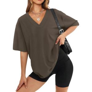 image:imageWIHOLL Oversized Tshirts for Women 2026 Summer Tops Short Sleeve V Neck Shirts Basic TeeCoffee
