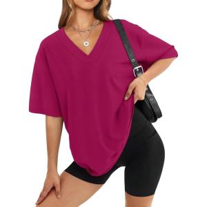image:imageWIHOLL Oversized Tshirts for Women 2026 Summer Tops Short Sleeve V Neck Shirts Basic TeeHot Pink