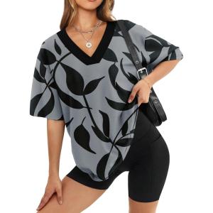image:imageWIHOLL Oversized Tshirts for Women 2026 Summer Tops Short Sleeve V Neck Shirts Basic TeeLeaves