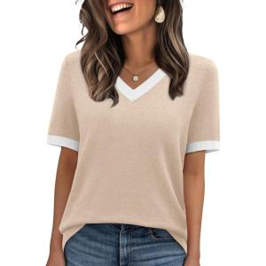 image:imageWIHOLL Short Sleeve Sweater for Women V Neck Spring Summer Tops 2026 Work Business Casual Outfits Trendy Clothes2color Block Apricot