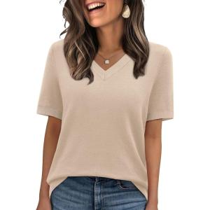 image:imageWIHOLL Short Sleeve Sweater for Women V Neck Spring Summer Tops 2026 Work Business Casual Outfits Trendy ClothesApricot