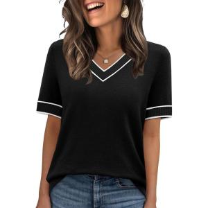 image:imageWIHOLL Short Sleeve Sweater for Women V Neck Spring Summer Tops 2026 Work Business Casual Outfits Trendy ClothesColor Block Black 02