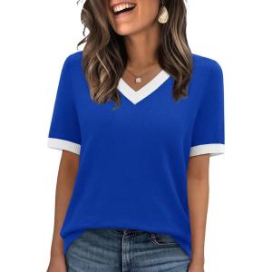 image:imageWIHOLL Short Sleeve Sweater for Women V Neck Spring Summer Tops 2026 Work Business Casual Outfits Trendy ClothesColor Block Blue