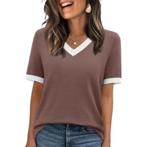 image:imageWIHOLL Short Sleeve Sweater for Women V Neck Spring Summer Tops 2026 Work Business Casual Outfits Trendy ClothesColor Block Coffee