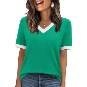 image:imageWIHOLL Short Sleeve Sweater for Women V Neck Spring Summer Tops 2026 Work Business Casual Outfits Trendy ClothesColor Block Green