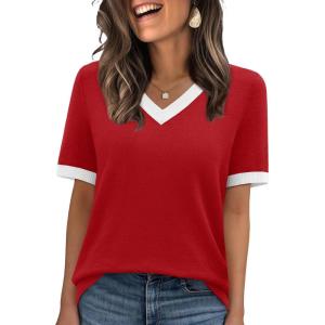image:imageWIHOLL Short Sleeve Sweater for Women V Neck Spring Summer Tops 2026 Work Business Casual Outfits Trendy ClothesColor Block Red