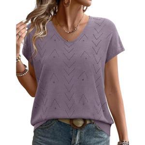 image:imageWIHOLL Short Sleeve Sweater for Women V Neck Trendy Cute Tops Business Casual Outfits Cap SleeveGrey Purple