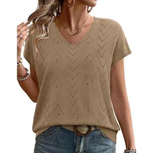image:imageWIHOLL Short Sleeve Sweater for Women V Neck Trendy Cute Tops Business Casual Outfits Cap SleeveLight Coffee