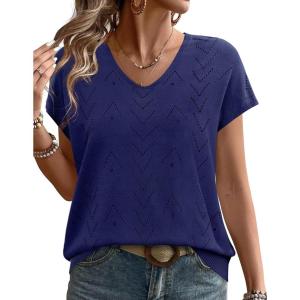 image:imageWIHOLL Short Sleeve Sweater for Women V Neck Trendy Cute Tops Business Casual Outfits Cap SleeveNavy Blue