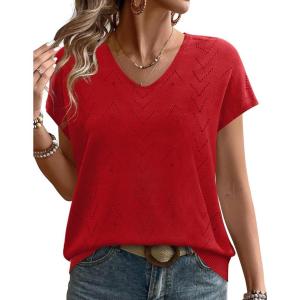 image:imageWIHOLL Short Sleeve Sweater for Women V Neck Trendy Cute Tops Business Casual Outfits Cap SleeveRed