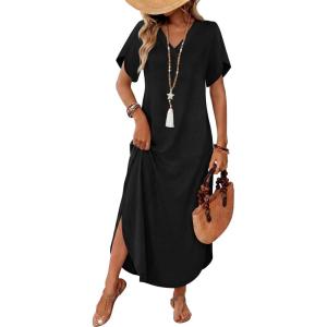 image:imageWIHOLL Summer Dresses for Women Short Sleeve Maxi Dresses V Neck Sundress with Side Slit Pockets Casual Beach DressBlack