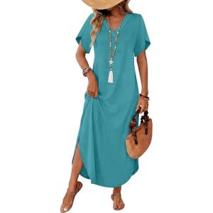 image:imageWIHOLL Summer Dresses for Women Short Sleeve Maxi Dresses V Neck Sundress with Side Slit Pockets Casual Beach DressBlue