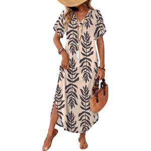 image:imageWIHOLL Summer Dresses for Women Short Sleeve Maxi Dresses V Neck Sundress with Side Slit Pockets Casual Beach DressFloral Beige