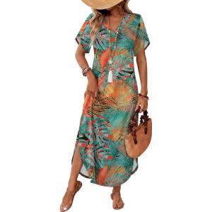 image:imageWIHOLL Summer Dresses for Women Short Sleeve Maxi Dresses V Neck Sundress with Side Slit Pockets Casual Beach DressFloral Coconut Leaves