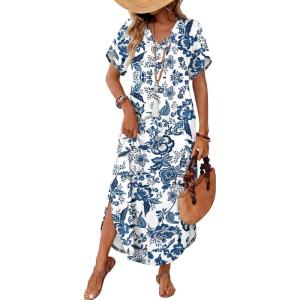 image:imageWIHOLL Summer Dresses for Women Short Sleeve Maxi Dresses V Neck Sundress with Side Slit Pockets Casual Beach DressFloral Ethnic