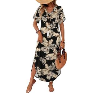 image:imageWIHOLL Summer Dresses for Women Short Sleeve Maxi Dresses V Neck Sundress with Side Slit Pockets Casual Beach DressFloral Tropical Leaves