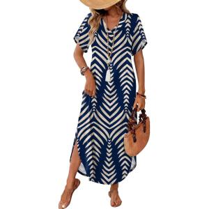 image:imageWIHOLL Summer Dresses for Women Short Sleeve Maxi Dresses V Neck Sundress with Side Slit Pockets Casual Beach DressStriped Navy
