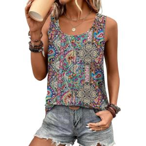 image:imageWIHOLL Tank Tops for Women Summer Tops Trendy Dressy Casual Spring Vacation Outfits Crewneck Button Down Sleeveless ShirtsPattern Boho