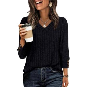 image:imageWIHOLL V Neck 34 Length Sleeve Womens Tops Casual Fall Shirts Lightweight Tunic Sweaters Fashion Clothes 2026Black