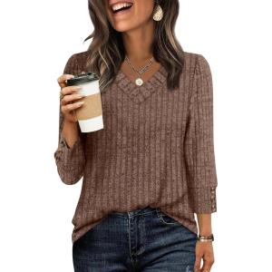 image:imageWIHOLL V Neck 34 Length Sleeve Womens Tops Casual Fall Shirts Lightweight Tunic Sweaters Fashion Clothes 2026Brown
