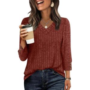 image:imageWIHOLL V Neck 34 Length Sleeve Womens Tops Casual Fall Shirts Lightweight Tunic Sweaters Fashion Clothes 2026Caramel