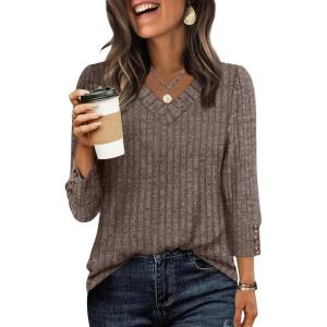 image:imageWIHOLL V Neck 34 Length Sleeve Womens Tops Casual Fall Shirts Lightweight Tunic Sweaters Fashion Clothes 2026Coffee