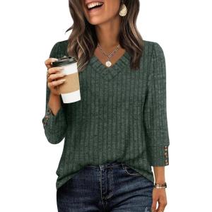 image:imageWIHOLL V Neck 34 Length Sleeve Womens Tops Casual Fall Shirts Lightweight Tunic Sweaters Fashion Clothes 2026Green