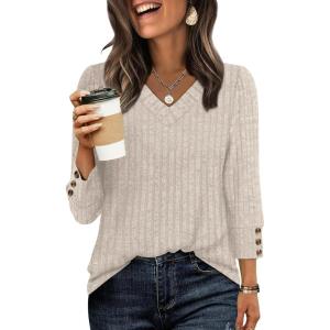 image:imageWIHOLL V Neck 34 Length Sleeve Womens Tops Casual Fall Shirts Lightweight Tunic Sweaters Fashion Clothes 2026Khaki