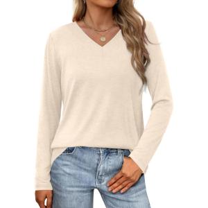image:imageWIHOLL Women Long Sleeve T Shirts Casual V Neck Tunic Tops Fall Fashion 2024 Basic Outfits Trendy ShirtsApricot