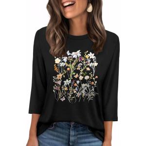 image:imageWIHOLL Womens 34 Length Sleeve Tops Crewneck Graphic Tees Casual Tunic Tops to Wear with Leggings Fashion Clothing Outfits0flower Print 1