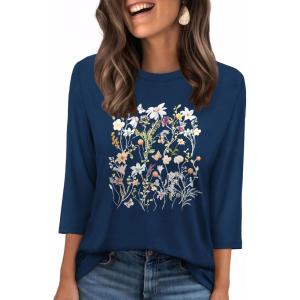 image:imageWIHOLL Womens 34 Length Sleeve Tops Crewneck Graphic Tees Casual Tunic Tops to Wear with Leggings Fashion Clothing Outfits0flower Print 2