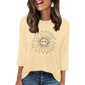 image:imageWIHOLL Womens 34 Length Sleeve Tops Crewneck Graphic Tees Casual Tunic Tops to Wear with Leggings Fashion Clothing Outfits0sunflower 1