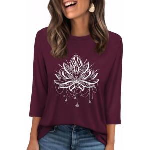 image:imageWIHOLL Womens 34 Length Sleeve Tops Crewneck Graphic Tees Casual Tunic Tops to Wear with Leggings Fashion Clothing Outfits1lotus Print