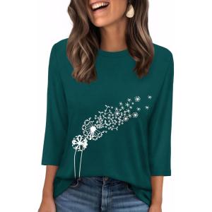 image:imageWIHOLL Womens 34 Length Sleeve Tops Crewneck Graphic Tees Casual Tunic Tops to Wear with Leggings Fashion Clothing Outfits2dandelion Print 1