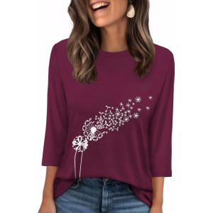 image:imageWIHOLL Womens 34 Length Sleeve Tops Crewneck Graphic Tees Casual Tunic Tops to Wear with Leggings Fashion Clothing Outfits2dandelion Print 2