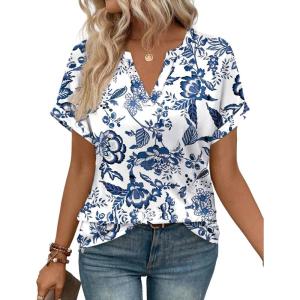 image:imageWIHOLL Womens Blouses Spring Tops Short Sleeve Shirts Dressy Casual Summer Vacation Fashion Clothing 2026Blue Floral Print