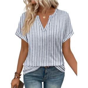 image:imageWIHOLL Womens Blouses Spring Tops Short Sleeve Shirts Dressy Casual Summer Vacation Fashion Clothing 2026Blue Stripe