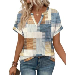 image:imageWIHOLL Womens Blouses Spring Tops Short Sleeve Shirts Dressy Casual Summer Vacation Fashion Clothing 2026Blue and Orange Plaid