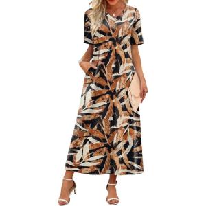 image:imageWIHOLL Womens Maxi Dresses V Neck Vacation Beach Sundresses Floral Travel Summer DressFloral Fallen Leaves