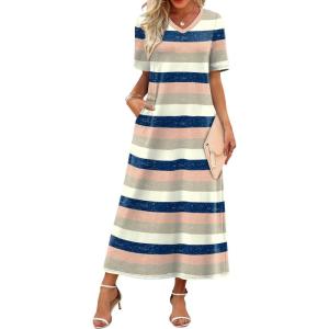 image:imageWIHOLL Womens Maxi Dresses V Neck Vacation Beach Sundresses Floral Travel Summer DressFloral Striped
